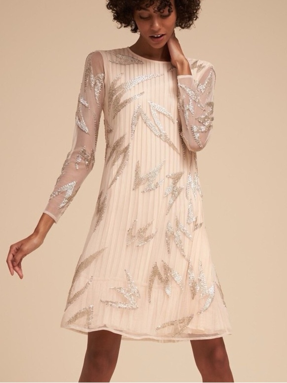 BHLDN Jolie Pleated Long Sleeve Mesh Dress Beaded